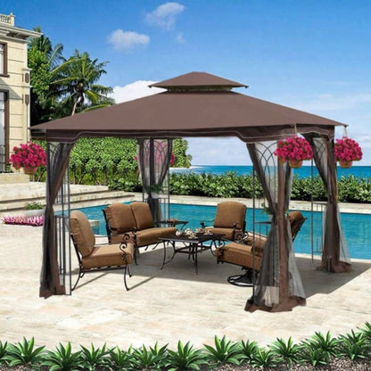 10x10 Outdoor Patio Gazebo Canopy Tent With Ventilated Double Roof And Mosquito netDetachable Mesh Screen On All SidesSuitable Lawn, Garden, Backyard and Deck, Brown Top