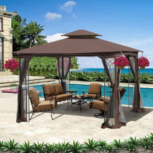 10x10 Outdoor Patio Gazebo Canopy Tent With Ventilated Double Roof And Mosquito netDetachable Mesh Screen On All SidesSuitable Lawn, Garden, Backyard and Deck, Brown Top