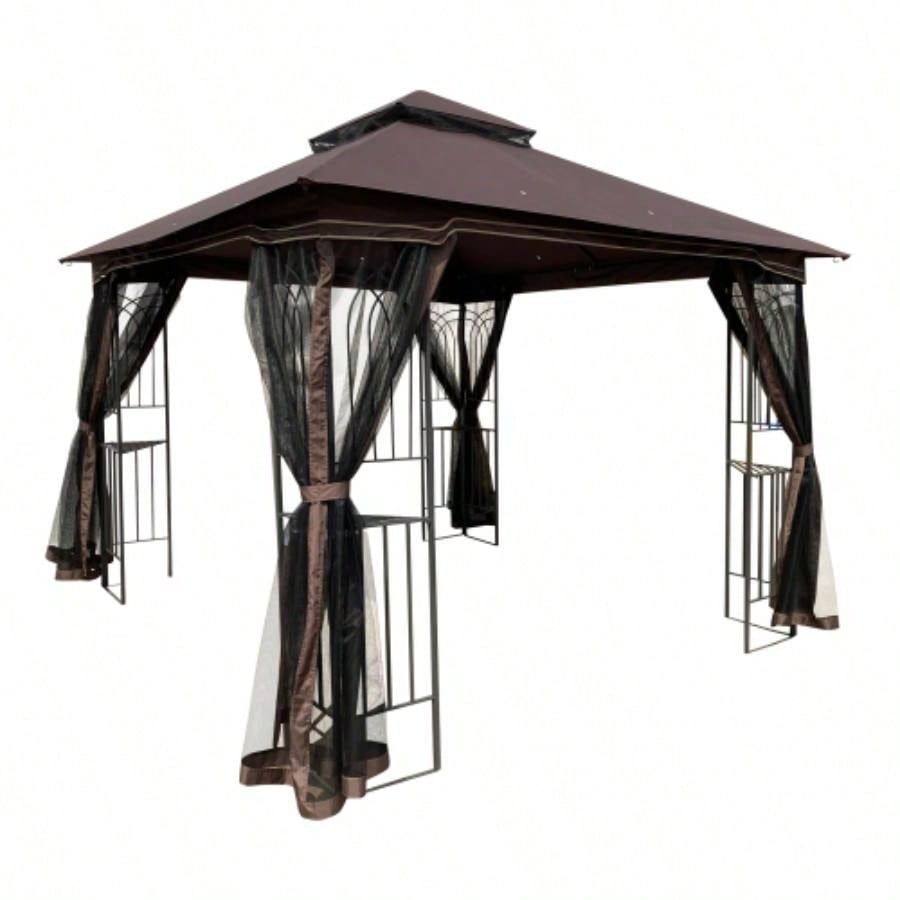 10x10 Outdoor Patio Gazebo Canopy Tent With Ventilated Double Roof And Mosquito netDetachable Mesh Screen On All SidesSuitable Lawn, Garden, Backyard and Deck, Brown Top