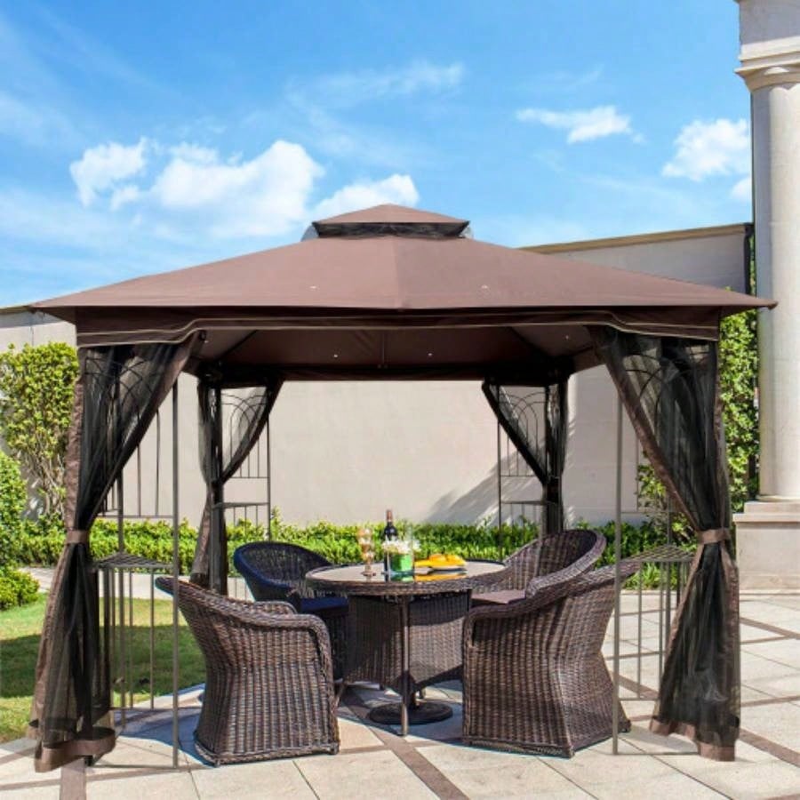10x10 Outdoor Patio Gazebo Canopy Tent With Ventilated Double Roof And Mosquito netDetachable Mesh Screen On All SidesSuitable Lawn, Garden, Backyard and Deck, Brown Top