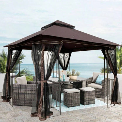 10x10 Outdoor Patio Gazebo Canopy Tent With Ventilated Double Roof And Mosquito netDetachable Mesh Screen On All SidesSuitable Lawn, Garden, Backyard and Deck, Brown Top