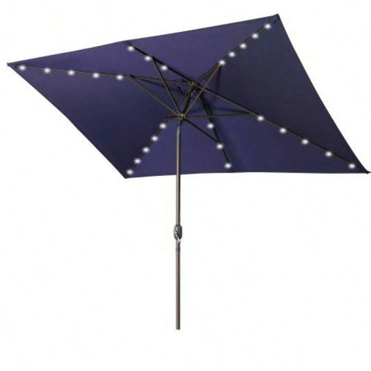 Waterproof Rectangular Patio and Lights 6.5 ft. 10 ft. 26 LED lights, Push Button Tilt, Crank in NAVY BLUE