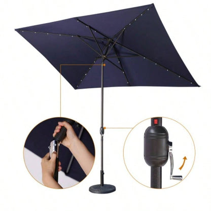 Waterproof Rectangular Patio and Lights 6.5 ft. 10 ft. 26 LED lights, Push Button Tilt, Crank in NAVY BLUE