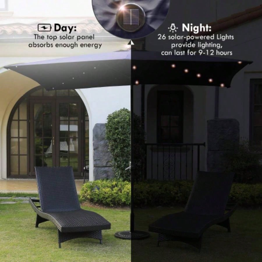 Waterproof Rectangular Patio and Lights 6.5 ft. 10 ft. 26 LED lights, Push Button Tilt, Crank in NAVY BLUE