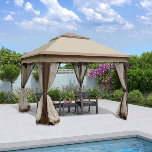 Outdoor 11x 11Ft Up Gazebo Canopy With Removable Zipper Netting, 2 - Tier Soft Top Event Tent, Suitable Patio Backyard Garden Camping Area, Coffee