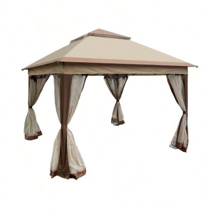 Outdoor 11x 11Ft Up Gazebo Canopy With Removable Zipper Netting, 2 - Tier Soft Top Event Tent, Suitable Patio Backyard Garden Camping Area, Coffee