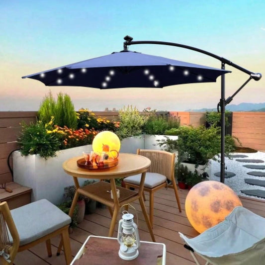 10 ft Outdoor Patio Powered LED Lighted Shade Market Waterproof 8 Ribs with Crank and Base Garden Deck Backyard Pool Shade Outside Deck Swimming Pool