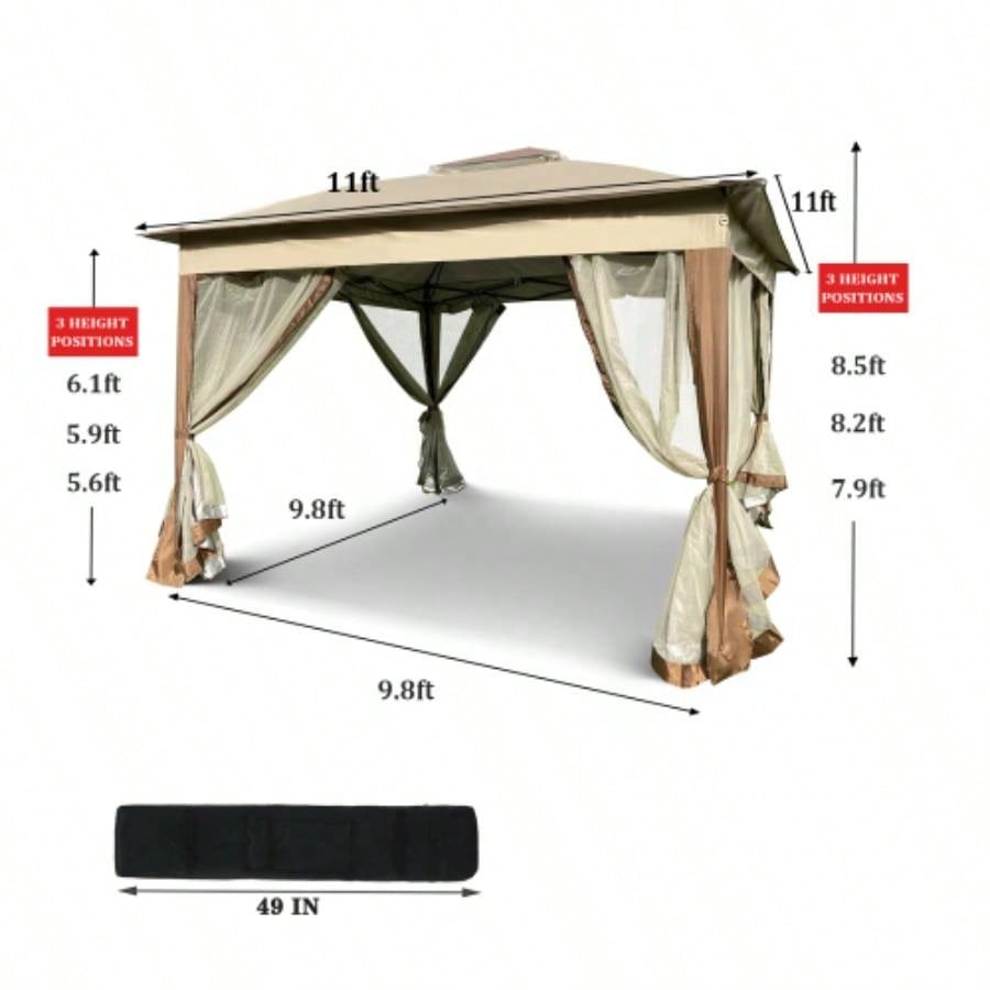 Outdoor 11x 11Ft Up Gazebo Canopy With Removable Zipper Netting, 2 - Tier Soft Top Event Tent, Suitable Patio Backyard Garden Camping Area, Coffee