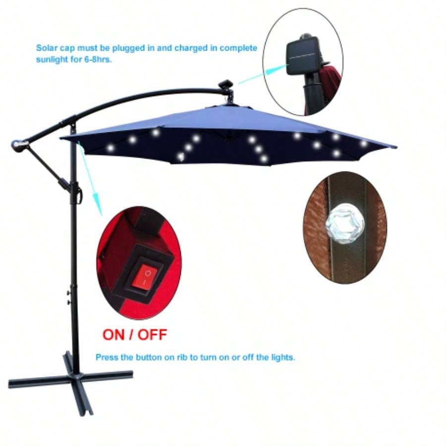 10 ft Outdoor Patio Powered LED Lighted Shade Market Waterproof 8 Ribs with Crank and Base Garden Deck Backyard Pool Shade Outside Deck Swimming Pool