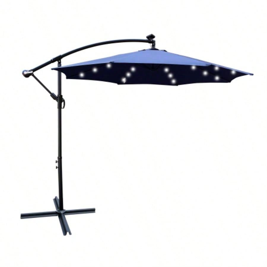 10 ft Outdoor Patio Powered LED Lighted Shade Market Waterproof 8 Ribs with Crank and Base Garden Deck Backyard Pool Shade Outside Deck Swimming Pool