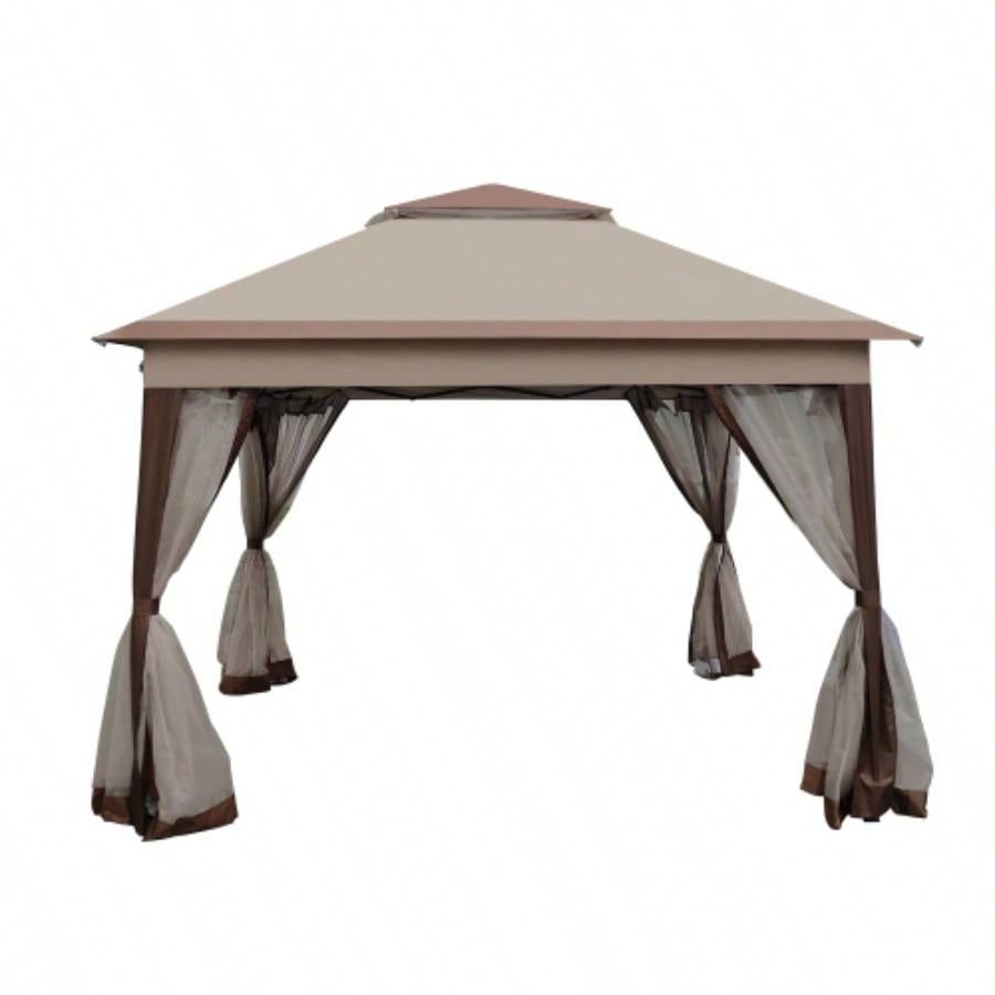 Outdoor 11x 11Ft Up Gazebo Canopy With Removable Zipper Netting, 2 - Tier Soft Top Event Tent, Suitable Patio Backyard Garden Camping Area, Coffee