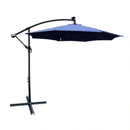 10 ft Outdoor Patio Powered LED Lighted Shade Market Waterproof 8 Ribs with Crank and Base Garden Deck Backyard Pool Shade Outside Deck Swimming Pool