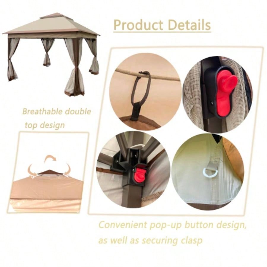 Outdoor 11x 11Ft Up Gazebo Canopy With Removable Zipper Netting, 2 - Tier Soft Top Event Tent, Suitable Patio Backyard Garden Camping Area, Coffee