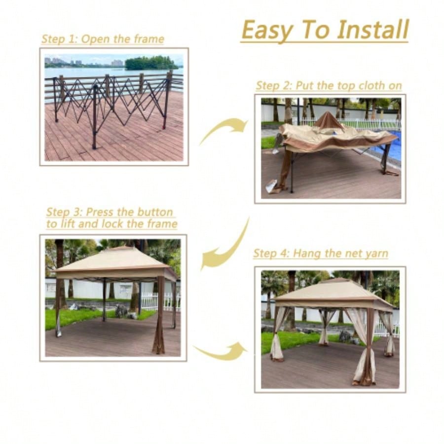 Outdoor 11x 11Ft Up Gazebo Canopy With Removable Zipper Netting, 2 - Tier Soft Top Event Tent, Suitable Patio Backyard Garden Camping Area, Coffee