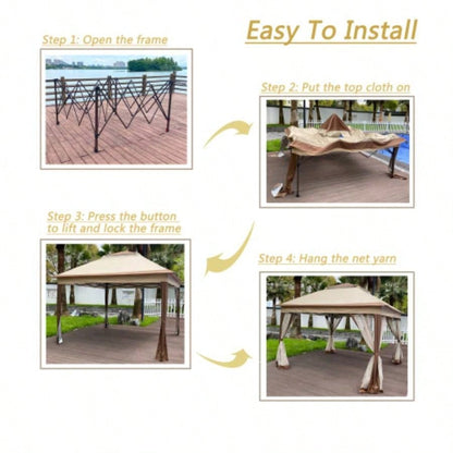 Outdoor 11x 11Ft Up Gazebo Canopy With Removable Zipper Netting, 2 - Tier Soft Top Event Tent, Suitable Patio Backyard Garden Camping Area, Coffee