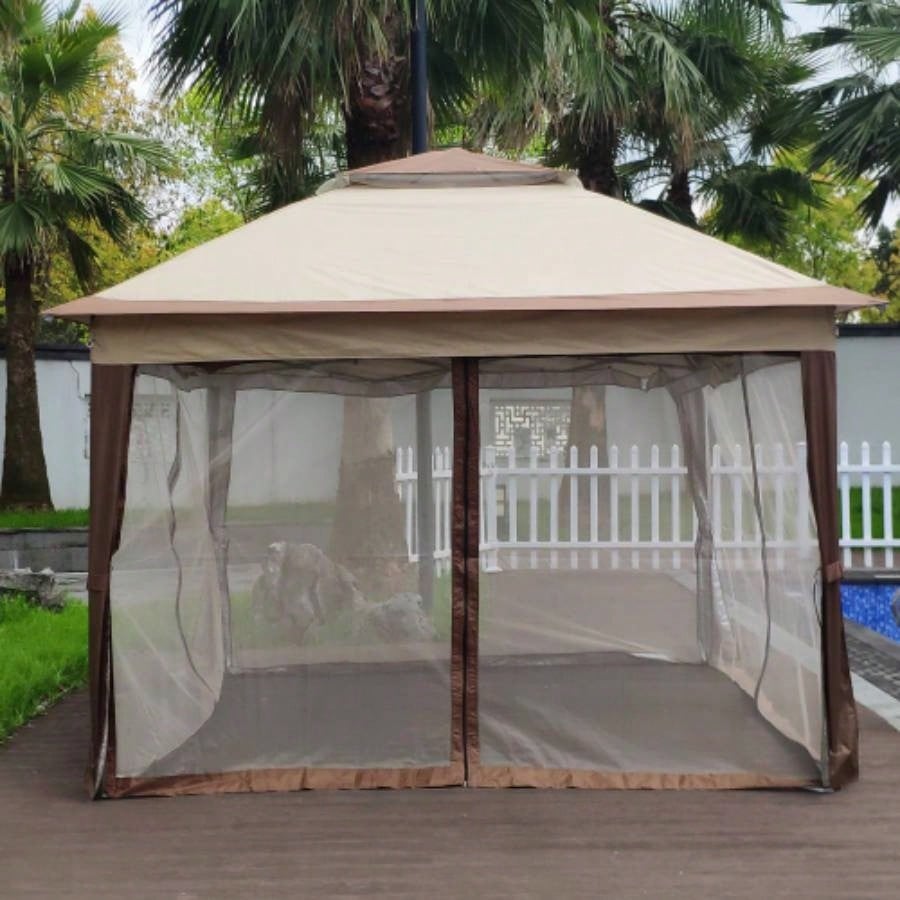 Outdoor 11x 11Ft Up Gazebo Canopy With Removable Zipper Netting, 2 - Tier Soft Top Event Tent, Suitable Patio Backyard Garden Camping Area, Coffee