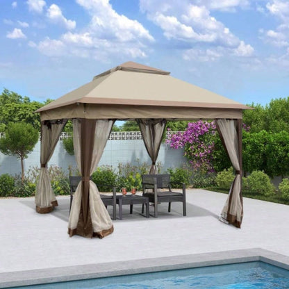 Outdoor 11x 11Ft Up Gazebo Canopy With Removable Zipper Netting, 2 - Tier Soft Top Event Tent, Suitable Patio Backyard Garden Camping Area, Coffee
