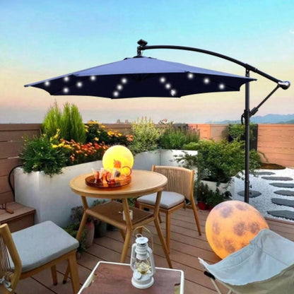 10 ft Outdoor Patio Powered LED Lighted Shade Market Waterproof 8 Ribs with Crank and Base Garden Deck Backyard Pool Shade Outside Deck Swimming Pool