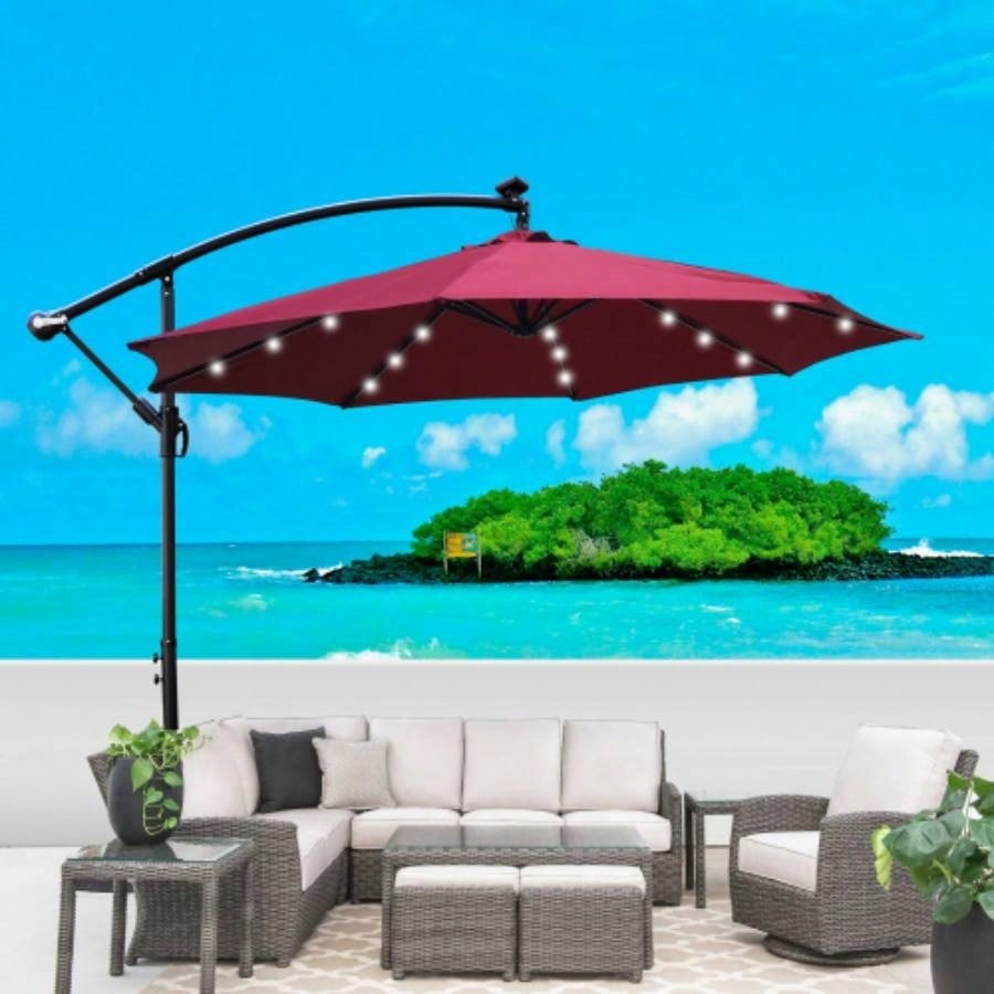 10 ft Outdoor Patio Powered LED Lighted Shade Market Waterproof 8 Ribs with Crank and Base Garden Deck Backyard Pool Shade Outside Deck Swimming Pool