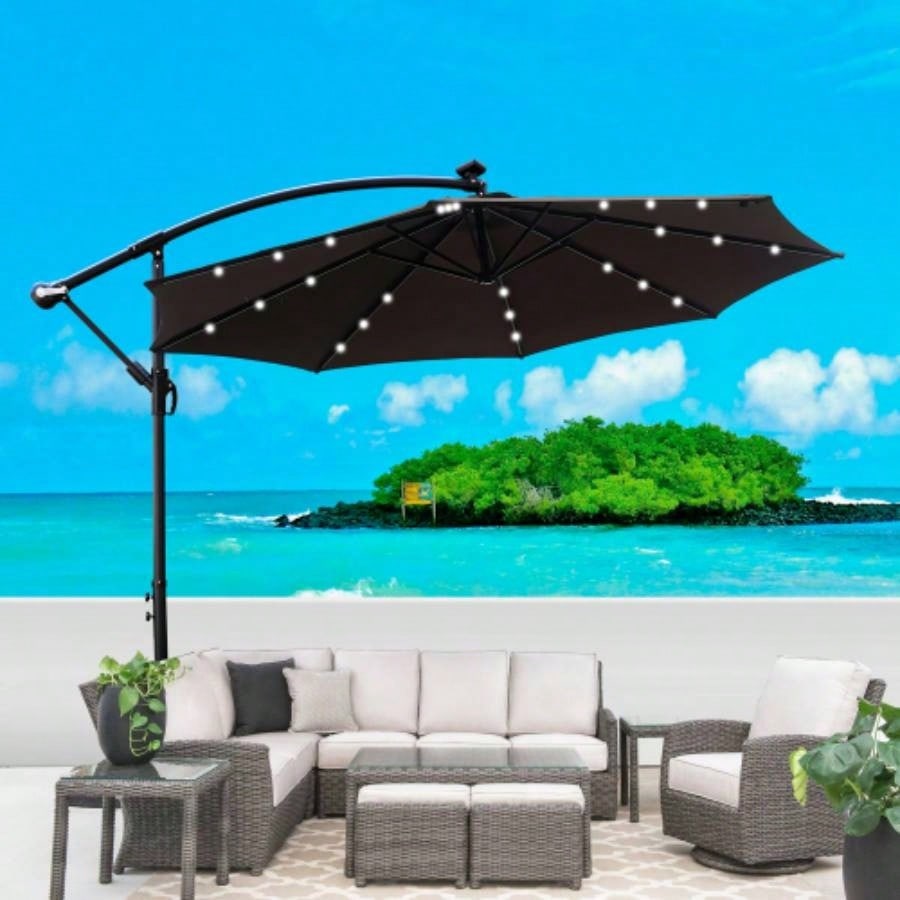 10 ft Outdoor Patio Powered LED Lighted Shade Market Waterproof 8 Ribs with Crank and Base Garden Deck Backyard Pool Shade Outside Deck Swimming Pool