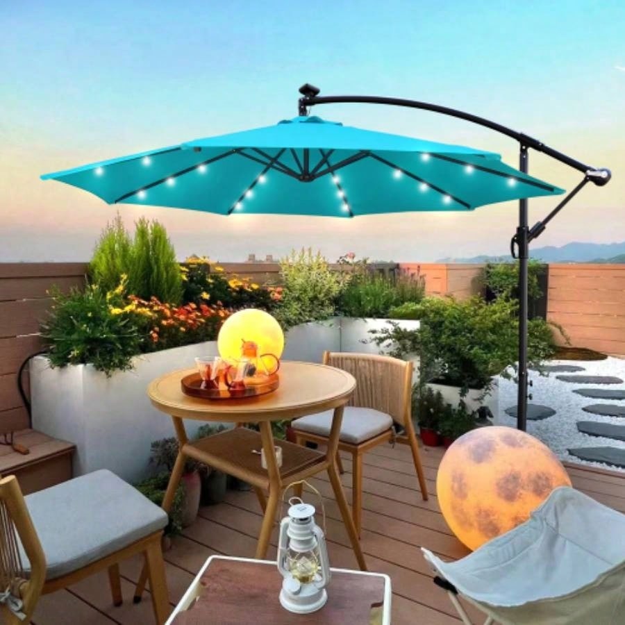 10 ft Outdoor Patio Powered LED Lighted Shade Market Waterproof 8 Ribs with Crank and Base Garden Deck Backyard Pool Shade Outside Deck Swimming Pool