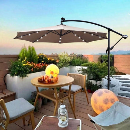 10 ft Outdoor Patio Powered LED Lighted Shade Market Waterproof 8 Ribs with Crank and Base Garden Deck Backyard Pool Shade Outside Deck Swimming Pool