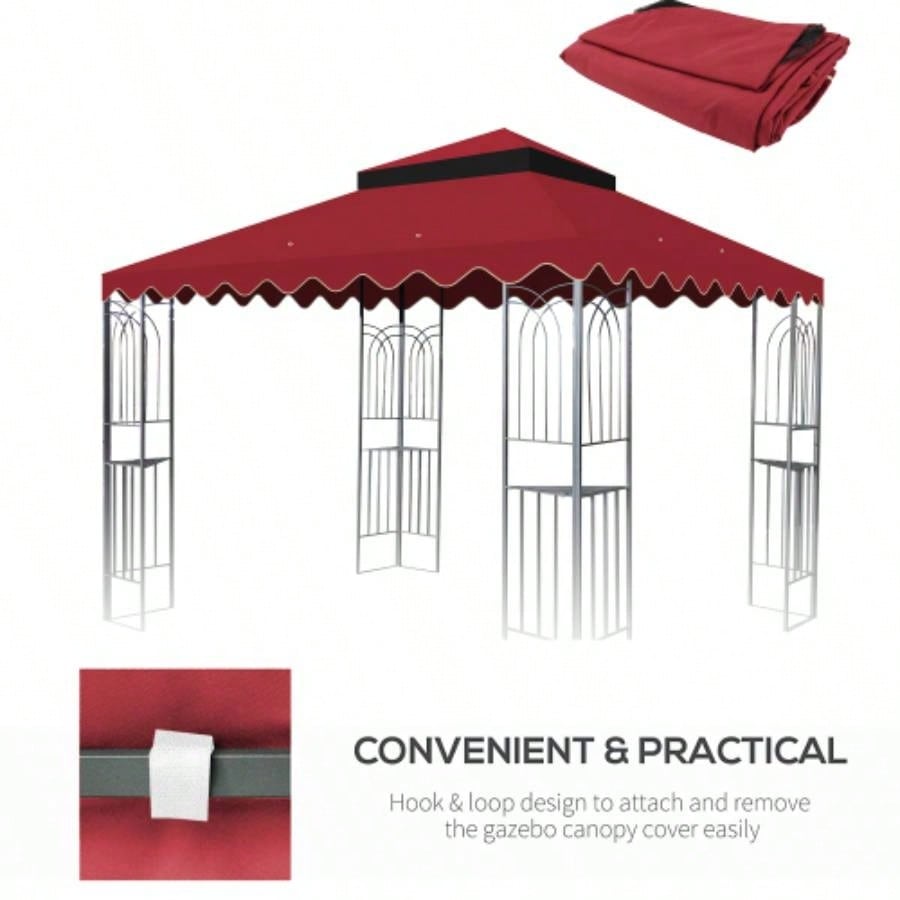 10x10 Ft Outdoor Patio Gazebo Canopy, Double Tiered Gazebo Tent Roof Top Cover Only wavy borderFrame Not IncludeRed
