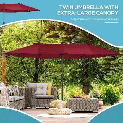 Outsunny Large 15ft Patio, Double - Sided Outdoor with Crank Handle and Vents Backyard, Deck, Pool, Market, Wine Red