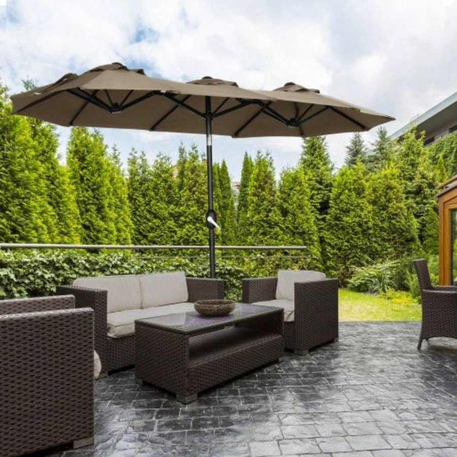 Outsunny Double - sided Patio 9.5 Large Outdoor Market with Push Button Tilt and Crank, 3 Vents and 12 Ribs, Garden, Deck, Pool, Gray