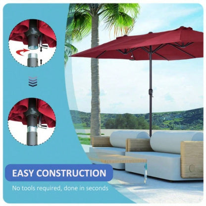 Outsunny Large 15ft Patio, Double - Sided Outdoor with Crank Handle and Vents Backyard, Deck, Pool, Market, Wine Red