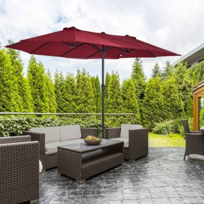 Outsunny Large 15ft Patio, Double - Sided Outdoor with Crank Handle and Vents Backyard, Deck, Pool, Market, Wine Red