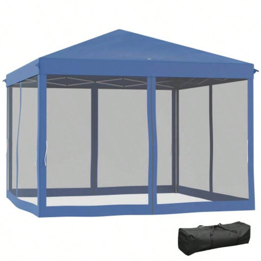 Outsunny 10x 10 Up Canopy Tent with Netting, Instant Gazebo, Ez up Screen House Room with Carry Bag, Height Adjustable, Outdoor, Garden, Patio, Blue