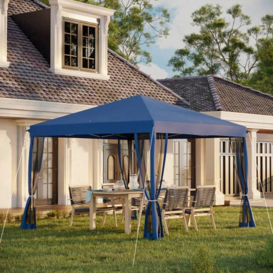 Outsunny 10x 10 Up Canopy Tent with Netting, Instant Gazebo, Ez up Screen House Room with Carry Bag, Height Adjustable, Outdoor, Garden, Patio, Blue