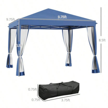 Outsunny 10x 10 Up Canopy Tent with Netting, Instant Gazebo, Ez up Screen House Room with Carry Bag, Height Adjustable, Outdoor, Garden, Patio, Blue