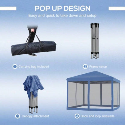Outsunny 10x 10 Up Canopy Tent with Netting, Instant Gazebo, Ez up Screen House Room with Carry Bag, Height Adjustable, Outdoor, Garden, Patio, Blue