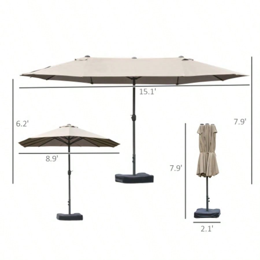 Outsunny Patio 15 Steel Rectangular Outdoor Double Sided Market with base, Easy Crank Deck Pool Patio, Coffee