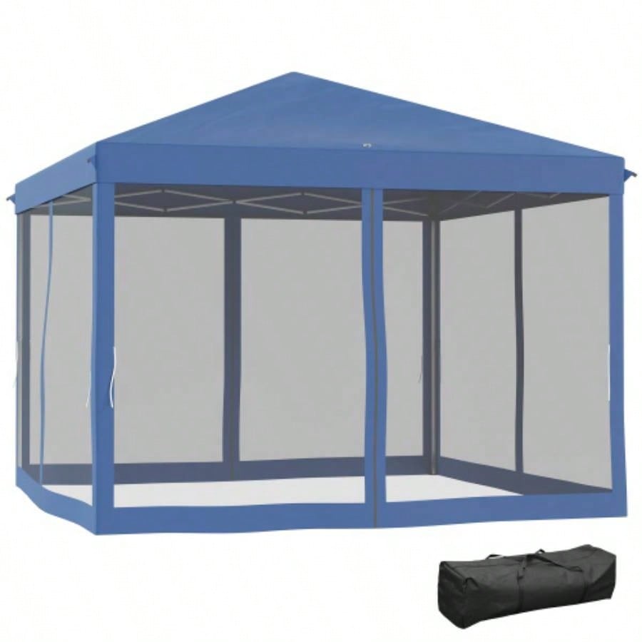 Outsunny 10x 10 Up Canopy Tent with Netting, Instant Gazebo, Ez up Screen House Room with Carry Bag, Height Adjustable, Outdoor, Garden, Patio, Blue