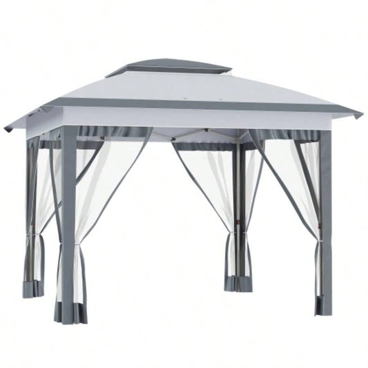 Outsunny 12x 12 Up Canopy Tent with Netting and Carry Bag, Instant Shelter with 137 sq. ft Shade, Tents Parties, Height Adjustable, Outdoor, Garden, Patio, Gray