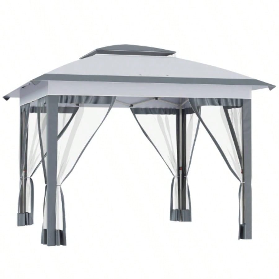 Outsunny 12x 12 Up Canopy Tent with Netting and Carry Bag, Instant Shelter with 137 sq. ft Shade, Tents Parties, Height Adjustable, Outdoor, Garden, Patio, Gray