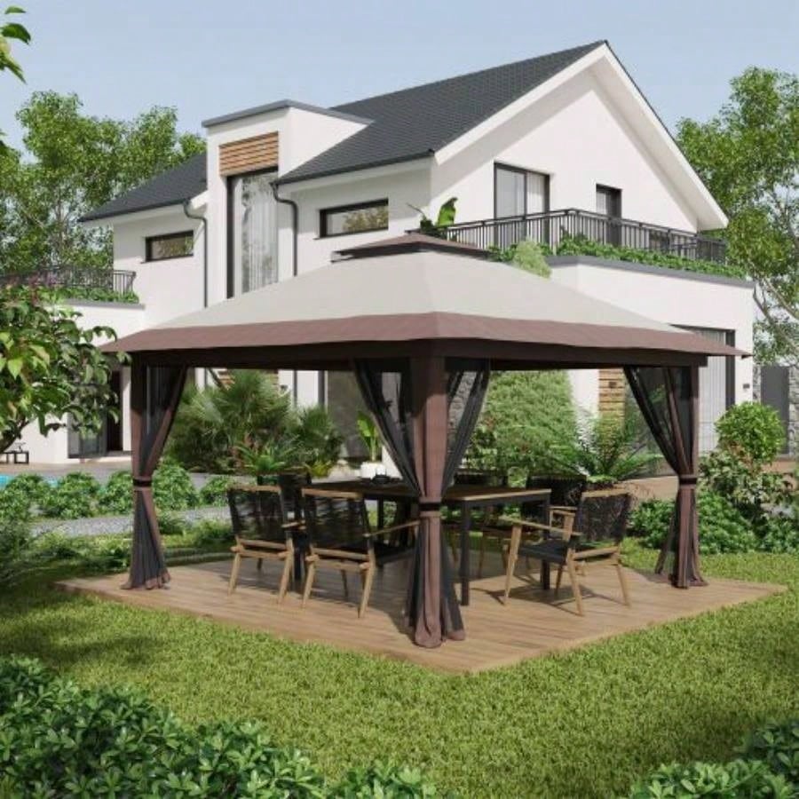 Outsunny 13x 13 Up Gazebo with Netting, Instant Canopy Tent Shelter with 2 - Tier Roof, Wheeled Carry Bag,/ Sand Bags Outdoor, Garden, Parties, Beige