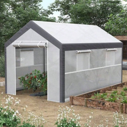 Outsunny 12xx Walk - In Greenhouse, Outdoor Garden Warm Hot House with 4 Roll - up, 2 Zippered Doors and Weather Cover, White