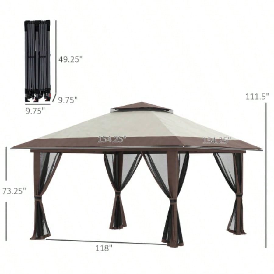 Outsunny 13x 13 Up Gazebo with Netting, Instant Canopy Tent Shelter with 2 - Tier Roof, Wheeled Carry Bag,/ Sand Bags Outdoor, Garden, Parties, Beige