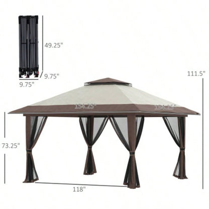 Outsunny 13x 13 Up Gazebo with Netting, Instant Canopy Tent Shelter with 2 - Tier Roof, Wheeled Carry Bag,/ Sand Bags Outdoor, Garden, Parties, Beige