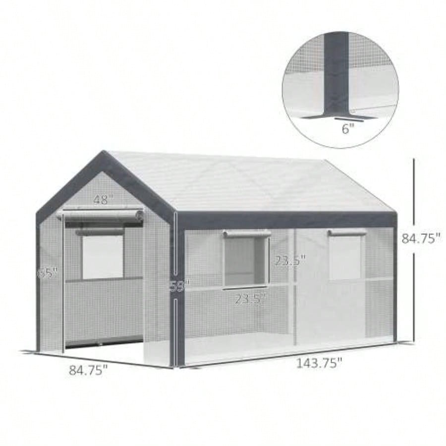 Outsunny 12xx Walk - In Greenhouse, Outdoor Garden Warm Hot House with 4 Roll - up, 2 Zippered Doors and Weather Cover, White