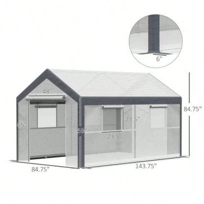 Outsunny 12xx Walk - In Greenhouse, Outdoor Garden Warm Hot House with 4 Roll - up, 2 Zippered Doors and Weather Cover, White