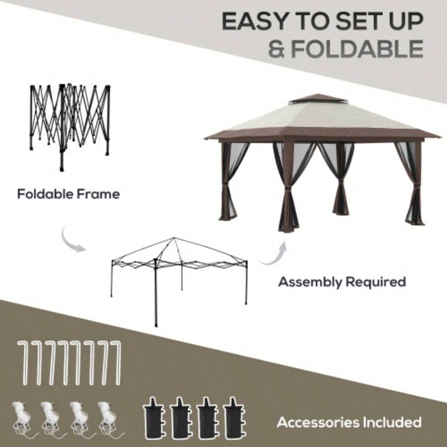 Outsunny 13x 13 Up Gazebo with Netting, Instant Canopy Tent Shelter with 2 - Tier Roof, Wheeled Carry Bag,/ Sand Bags Outdoor, Garden, Parties, Beige