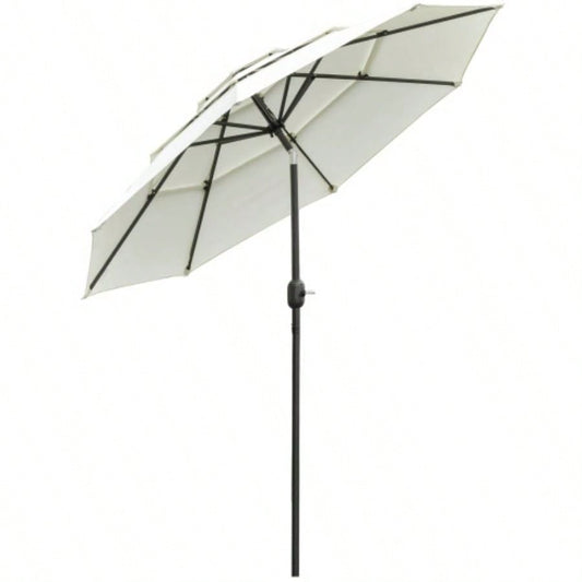 Outsunny 9FT 3 Tiers Patio Outdoor Market with Crank, Push Button Tilt Deck, Backyard and Lawn, Beige
