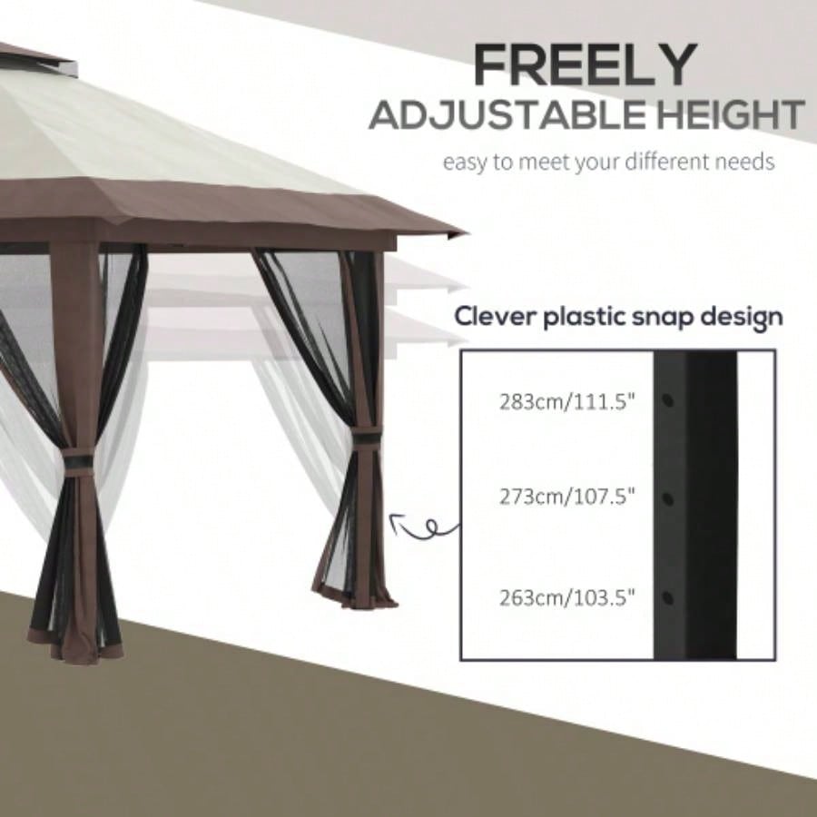 Outsunny 13x 13 Up Gazebo with Netting, Instant Canopy Tent Shelter with 2 - Tier Roof, Wheeled Carry Bag,/ Sand Bags Outdoor, Garden, Parties, Beige