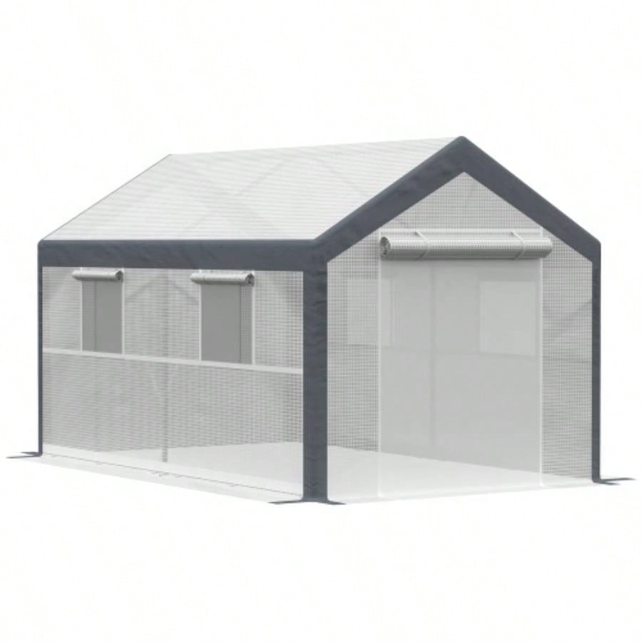 Outsunny 12xx Walk - In Greenhouse, Outdoor Garden Warm Hot House with 4 Roll - up, 2 Zippered Doors and Weather Cover, White