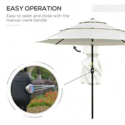 Outsunny 9FT 3 Tiers Patio Outdoor Market with Crank, Push Button Tilt Deck, Backyard and Lawn, Beige